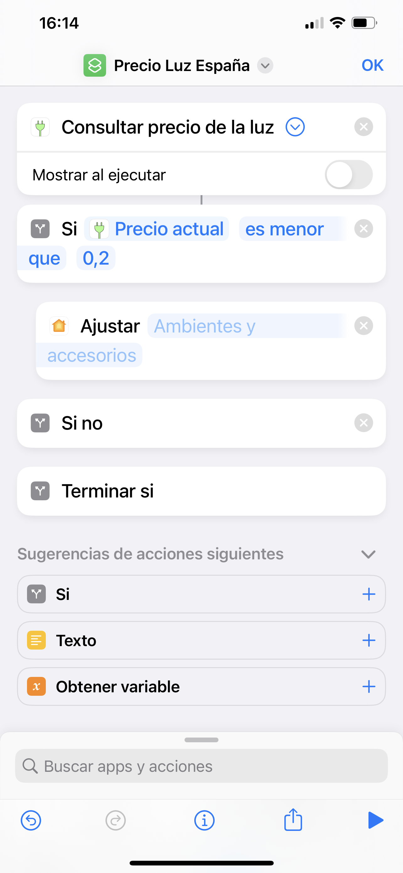 Configuración de la app Atajos con Precio Luz España